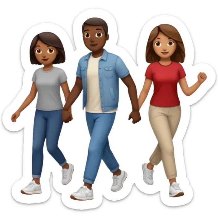 iOS emoji style - a dark men and 2 brown women in casual clothes and wearing trainers. Walking in the same direction quickly together. 
Not holding hands. No backpacks. 
 sticker