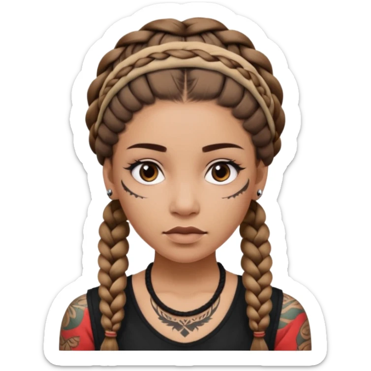 big lose braids starting from the top of the head woman face wiith big visible braids and mono color headband on head strict face and braids as big as headband and lots and lots of face tattoos sticker