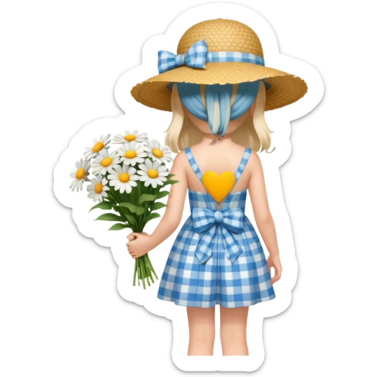 a girl in a blue plaid dress with an open back and a bow, wearing a wide straw hat, holding a large bouquet of daisies, seen from behind, soft colors, clean background, 3D iOS Apple emoji style sticker