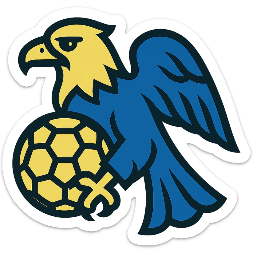 icon of an eagle holding a soccer ball, inspired by Club América, blue and yellow sticker