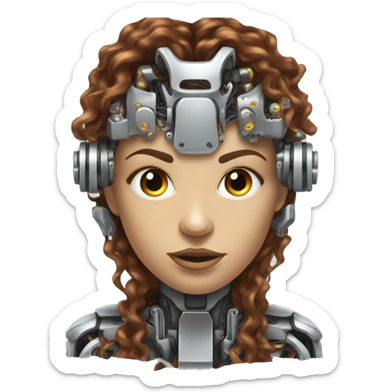 female cyborg head with metallic plated face, long brown curly hair and circuitry sticker