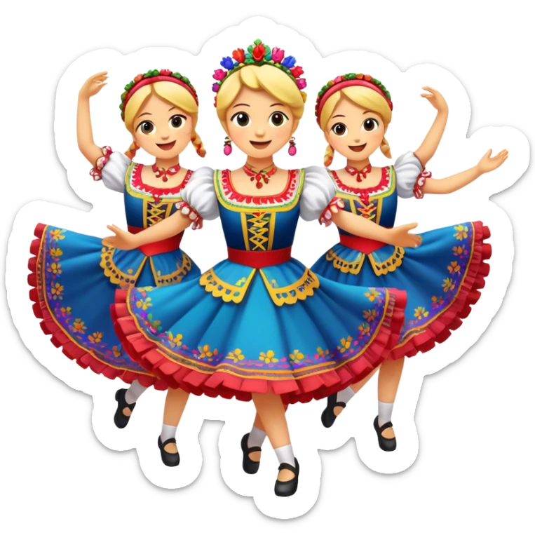 Cinematic Realistic Mazurka Dance Emoji, depicted as a lively traditional Polish folk dance scene with colorful costumes and spirited movement, rendered with dynamic textures and vibrant festive lighting that captures its rhythmic energy. sticker