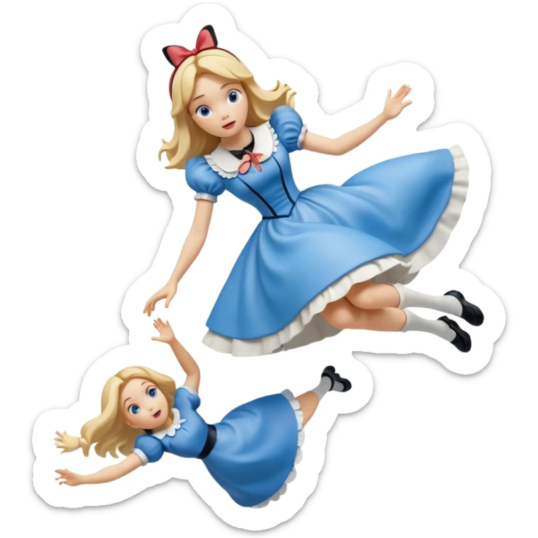 Isolated, detailed illustration of the most incredibly amazing modern style of disney's Alice in wonderland falling mid-air
figurine imaginable, toy style. sticker