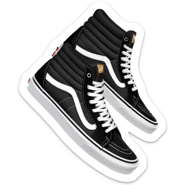 Clean minimalist iOS emoji style pair of black Vans Sk8-Hi high tops with one behind the other, simple forms, flat design, essential white stripe detail sticker