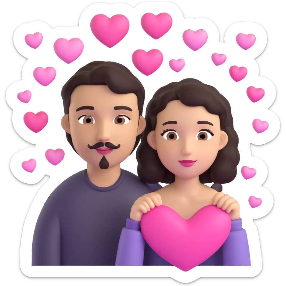 couple emoji: pale girl with long straight dark brown hair, no facial hair; tan boy with short black curly hair, small goatee and separate mustache; surrounded by pink hearts sticker