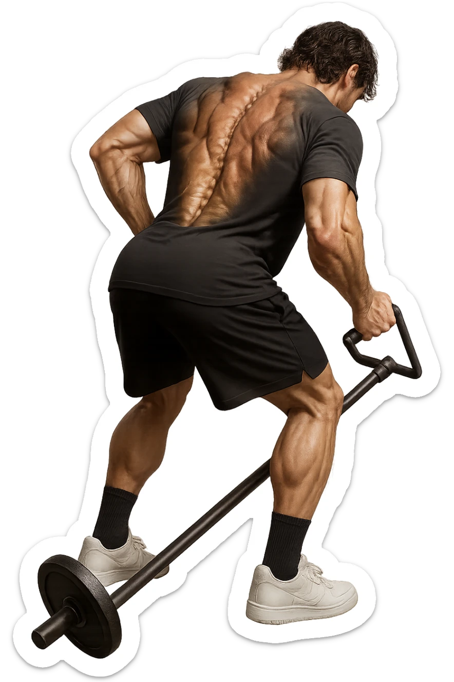 lascia questa immagine identica in cui lui esegue un T-bar con triangolo ma aggiungi fasci muscolari e spina dorsale sulla sua schiena, iperealistico 4k sticker