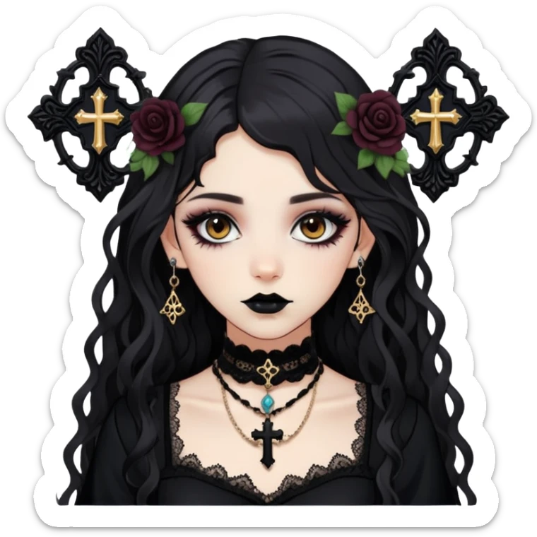 Goth girl with dark wavy hair, brown almond eyes, gothic makeup, long face, black dress with floral lace and vintage style choker, lots of cross pendants, y2k sticker