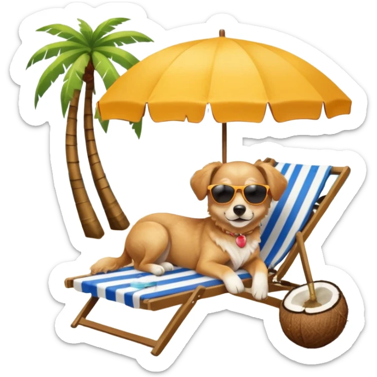 a dog laied on a beach chair, a sunny beach, a sun umbrella, and beach coconut trees. the icon should capture the essence of a relaxing beach vacation with a carefree atmosphere sticker