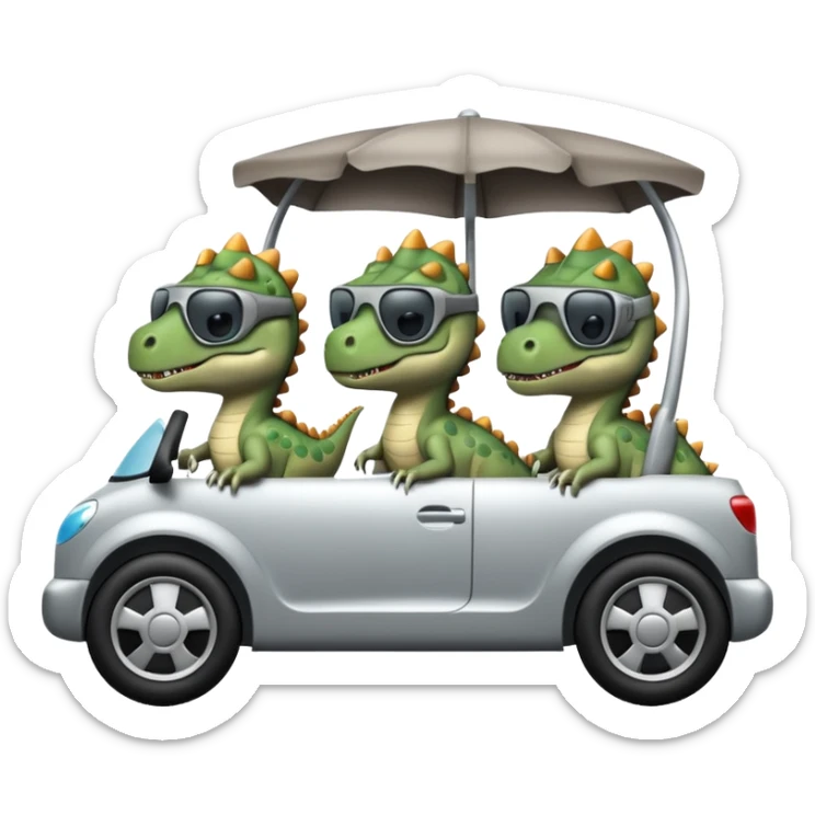 Tres dinosaurios bebés grises cada uno subido en un carro tecnológico blanco con lentes de realidad virtual sticker