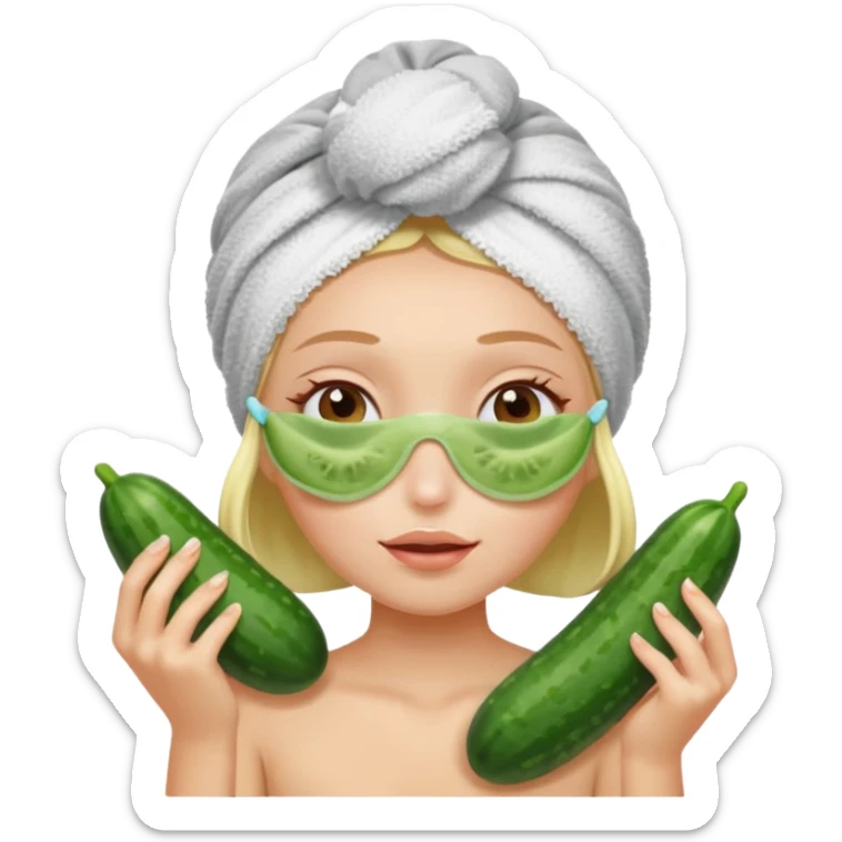 Girl with towel on hair and cucumbers over eyes sticker