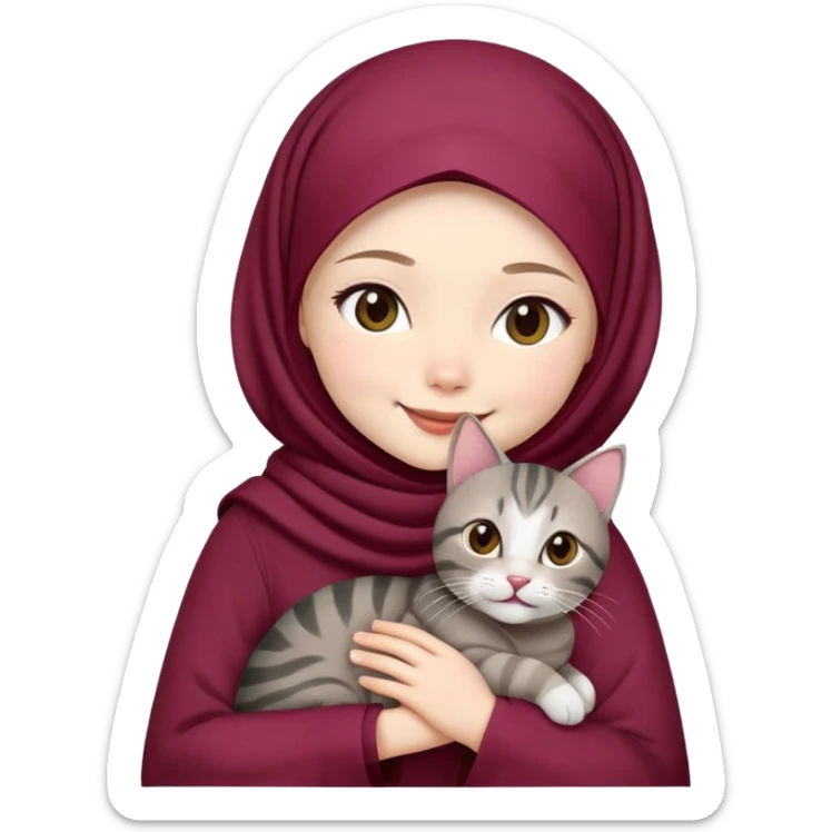Asian white girl wearing  maroon hijab with dress holding a black grey tabby cat while smiling sticker
