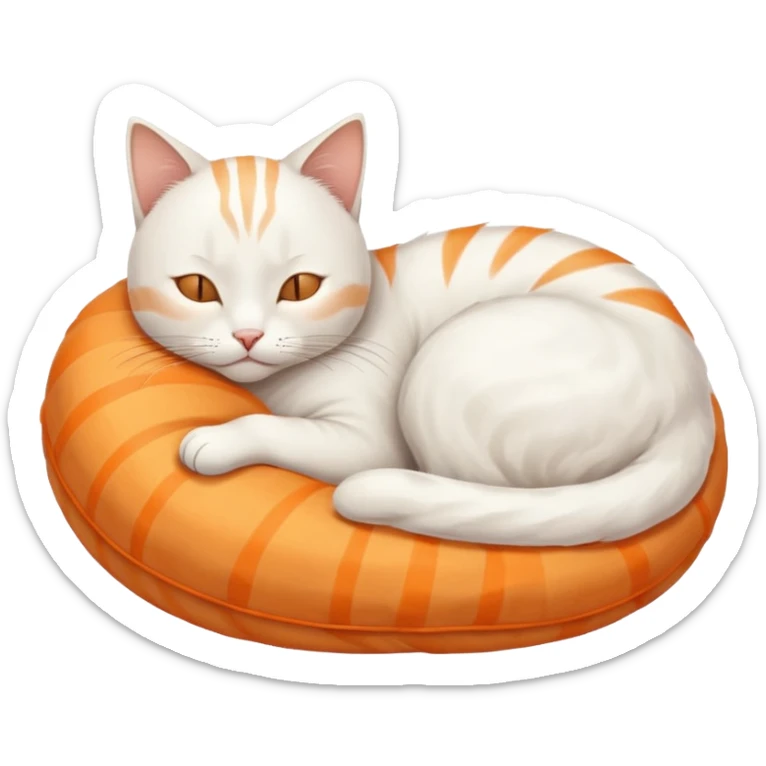A white cat, curled up and asleep. Its fur has very faint orange stripes on the back and tail. sticker