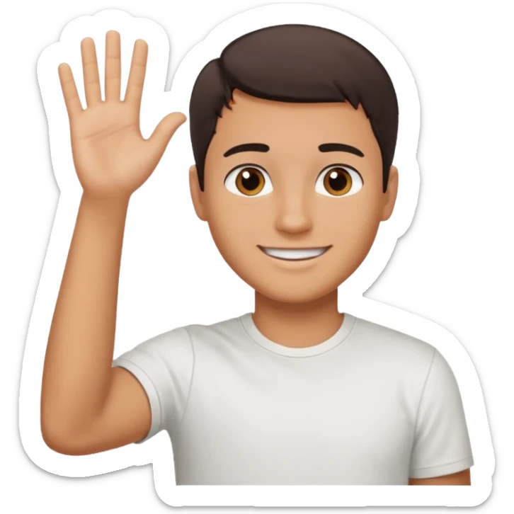 joven bronceado medio pelon oscuro muy cortito polera blanca sonrisa bonita saludando mano arriba sticker