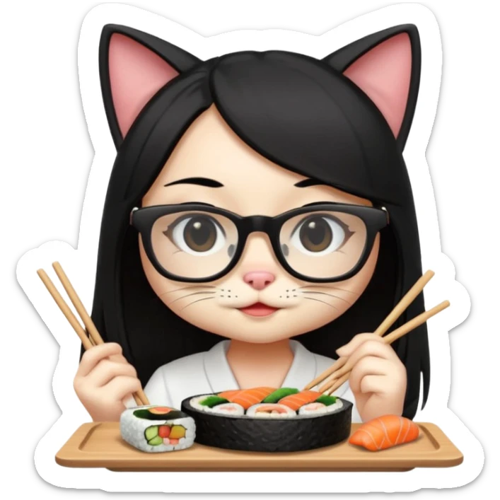 cute girl cat with long straight hair and really big square glasses with super thin frames eating sushi sticker