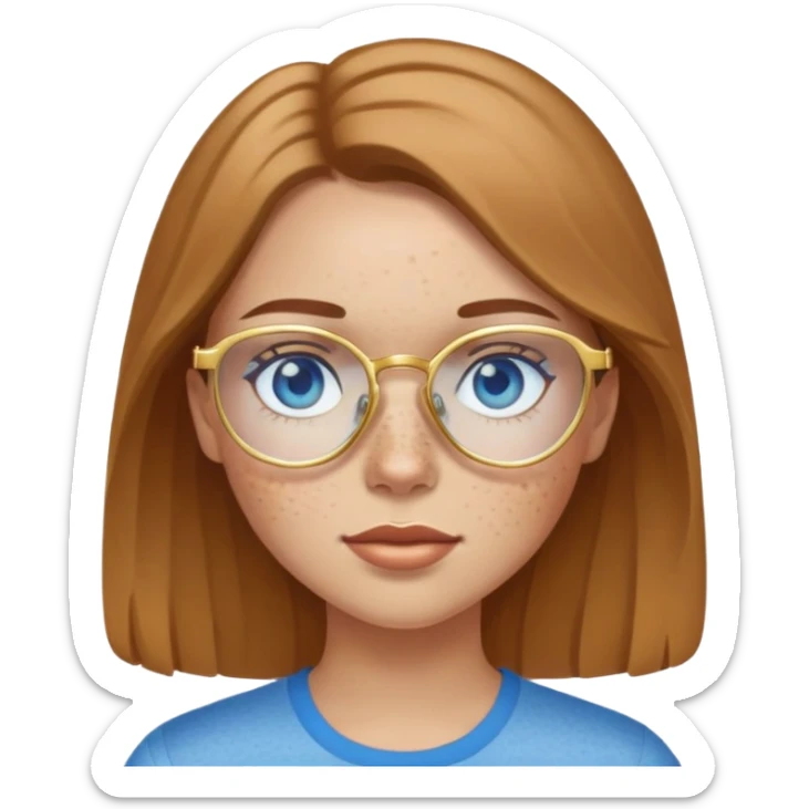 Girl with light skin, light brown hair, blue eyes, freckles, and gold glasses sticker