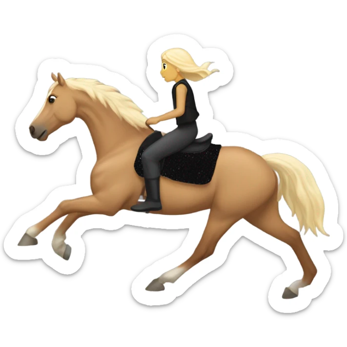  A Palomino horse running with a black sequin rug on his back and a whit rider girl brown hair  on his back without a helmet dressed in black pants and a vest   sticker