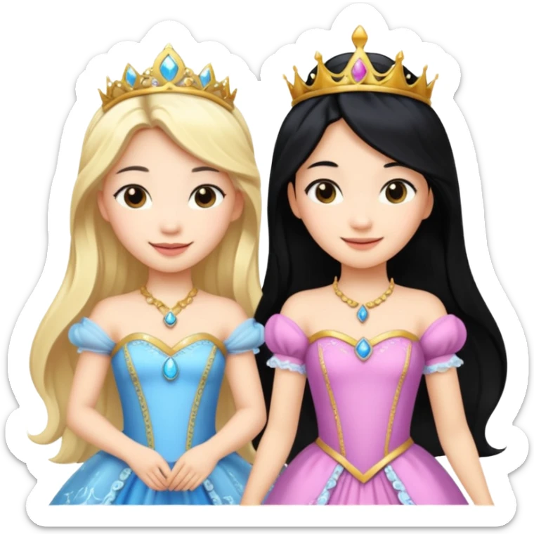 Asian girl black hair and blonde white girl dressed as princesses sticker
