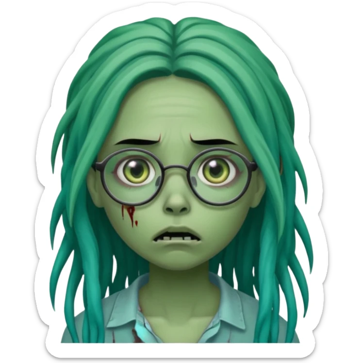 One young female green-skinned, zombie with glasses, with ombre black roots & teal tips long dreadlocks and a worried expression with a small wound near its mouth. sticker