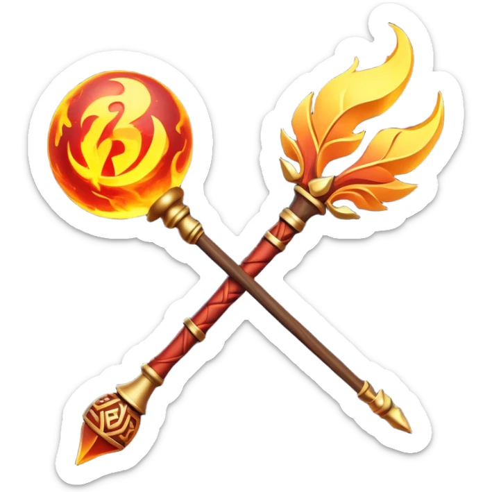 Clash of Clans aesthetic: Cinematic fireball Magic Staff Emoji, rendered in a 3D vector-style similar to standard emojis with minimal shading and bold, simplified shapes. A compact, isometric enchanted staff with intricate runic carvings and a glowing orb at its tip, softly glowing with a mystical arcane charm. Simplified yet unmistakably iconic, highly detailed and consistent, glowing with a soft radiant glow and high shine. Stylized with a touch of legendary sorcery and a soft glowing outline, capturing the essence of a powerful magic staff with a friendly, playful vibe! sticker