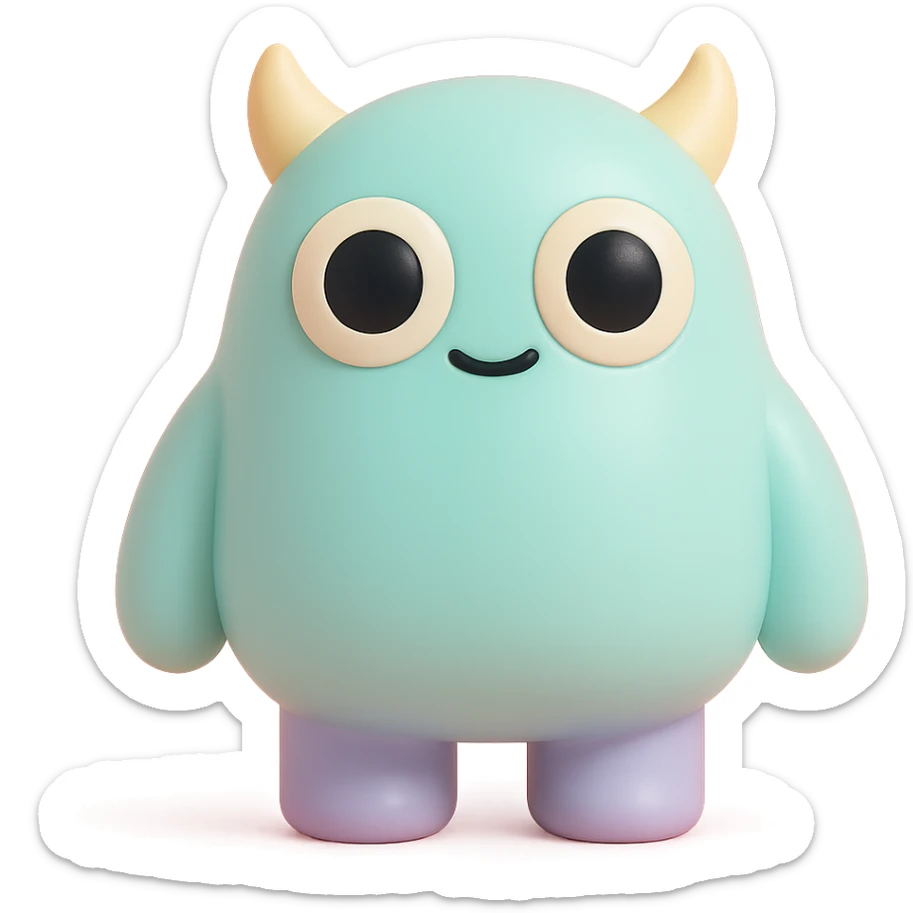 cute monster with round body, big eyes, small horns, pastel colors, toy-like sticker
