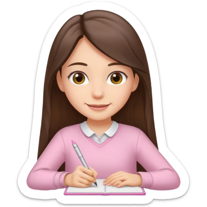 smiling long brunette hair girl hazel eyes wearing light pink clothes writing sticker