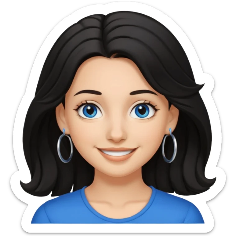 White Girl with black shoulder length hair slightly curly, has a tan, blue eyes, nose ring hoop sticker