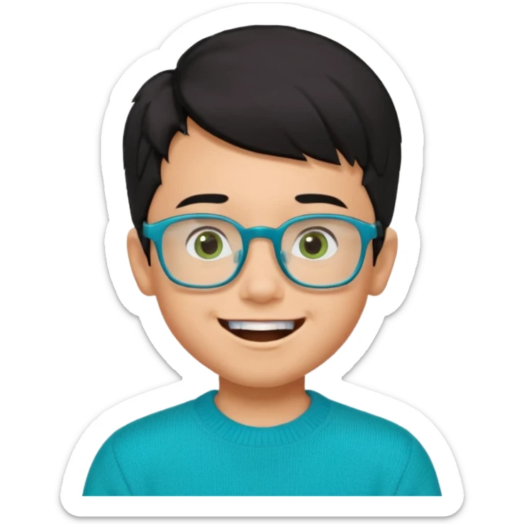 Chico de 7 años, pelo negro y repeinado pero con volumen hacia arriba, piel marrón clarito, gafas cuadradas azules, sonriente y sin 1 diente, jersey verde turquesa y ojos muy rasgados, Y NO redondeados sticker