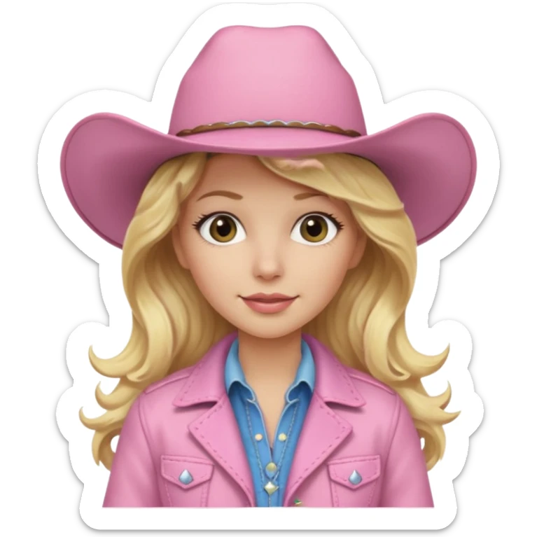 Blonde long wavy hair cowgirl with a soft pink hat and jacket sticker