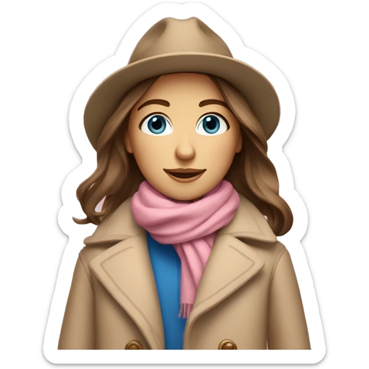 Brown straight hair blue eyes tan beige hat on white scarf pink coat  sticker
