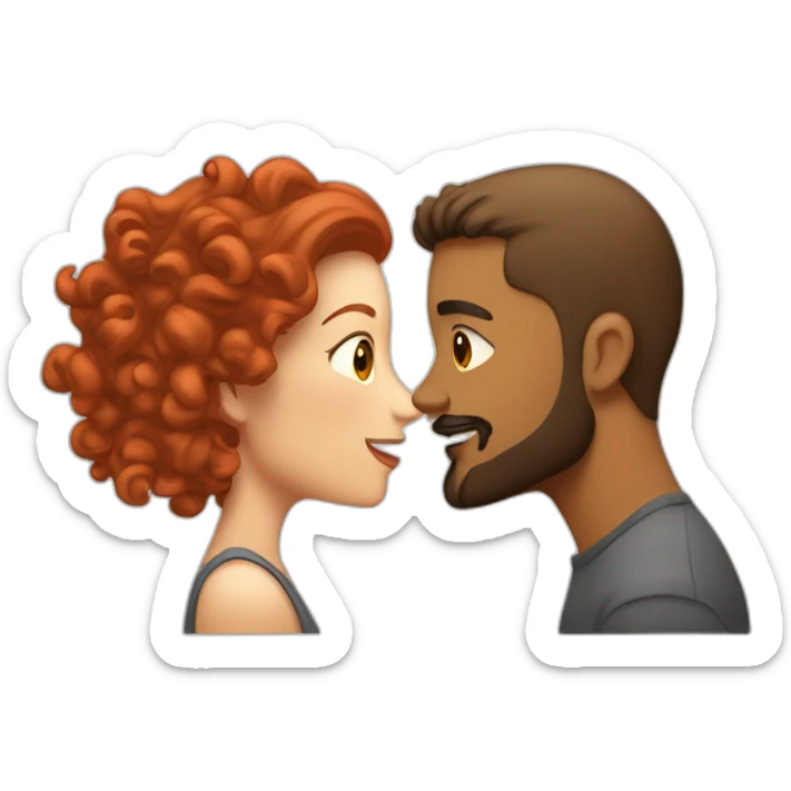 Brown man with a smooth hair cut fade and a beard kissing a White woman with long red curly hair sticker