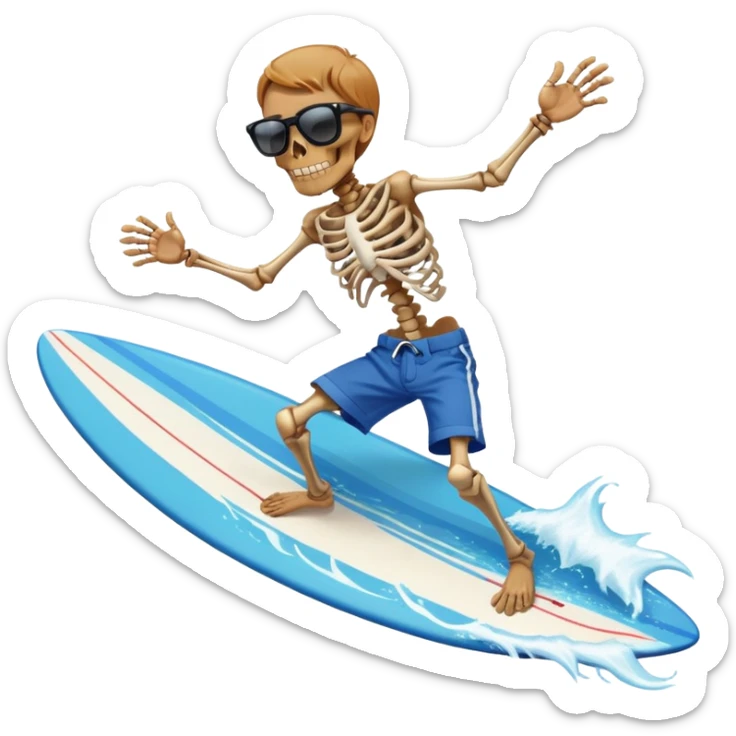 Skeleton with sunglasses and a white shirt and blue shorts surfing on the water  sticker