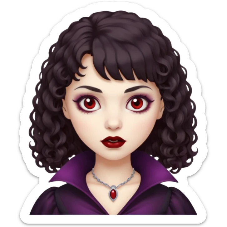 vampire feminine and with bangs  dark brown hair  curly hair a little scary   sticker