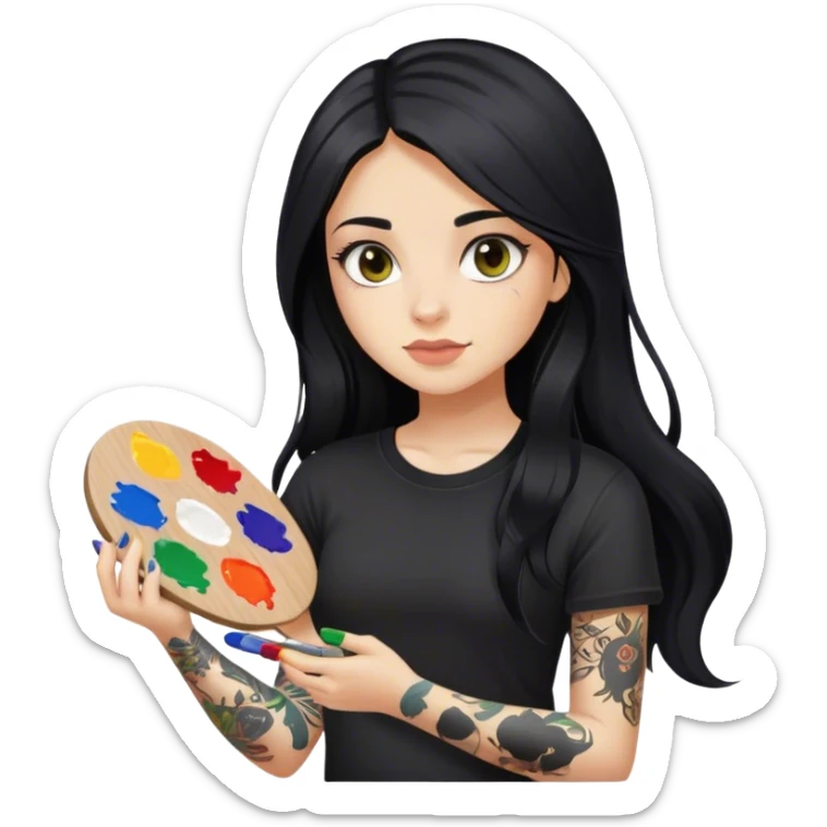 A girl with long black hair  light complexion and hazel eyes and black tattoos on right arm holding a paint palette  wearing black shirt sticker
