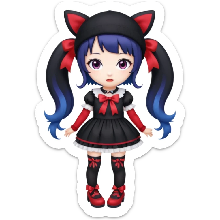 Chibi kawaii Kuromi, violet eyes, black-blue twin tails, red ribbons, red beanie, black & white lolita dress with red accents, white thigh-highs, black mary janes, cute aesthetic. sticker