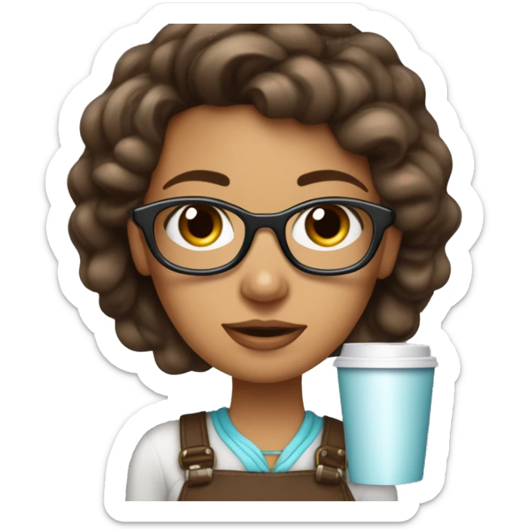 Mujer joven que tiene el pelo café tomado y con rulos, ojos café, aro en la nariz, polera celeste y lentes sticker