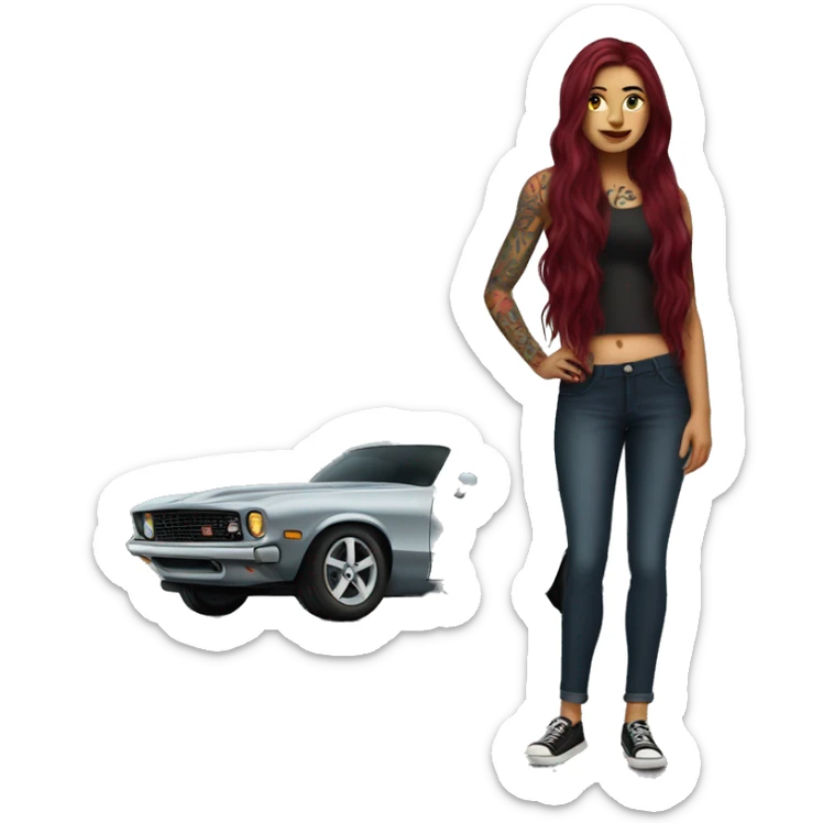 Beautiful tattooed burgundy long haired woman standing next to a car sticker