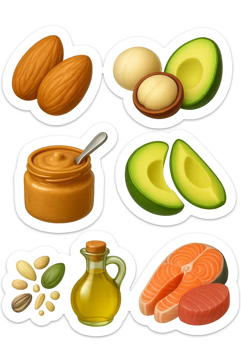 EMOJI STILE IPHONE DI
Frutta secca (mandorle, noci macadamia)
Burro di frutta secca (es. burro di arachidi)
Avocado (in piccole porzioni)
Semi
Olio extravergine d’oliva
Pesce grasso (salmone, tonno)
, fluttuano in aria REALISTICA 4K sticker