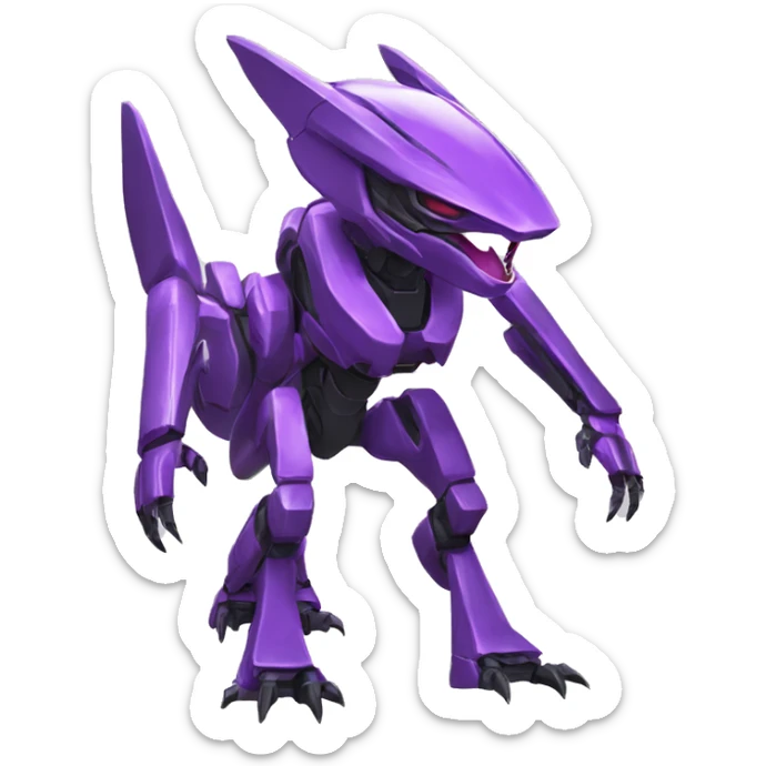 a purple Genesect-Raptor-Fakémon—hybrid with a futuristic visor-helmet full body sticker