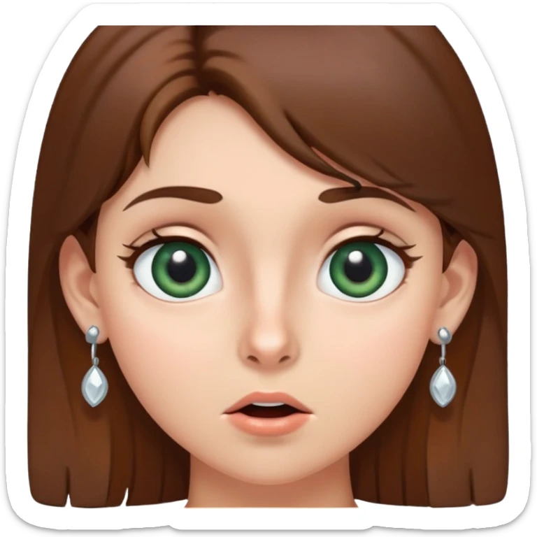 girl with gray-green eyes, brown hair, earrings, mole on cheek, surprised emotion sticker
