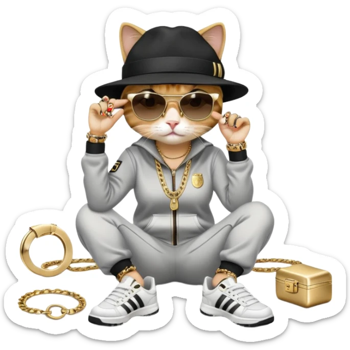 female cat dressed like Run DMC in tracksuit, fedora, Adidas shoes, dark sunglasses, lots of gold chains, rings, bracelets, earrings, lying on the ground after falling, worried look sticker
