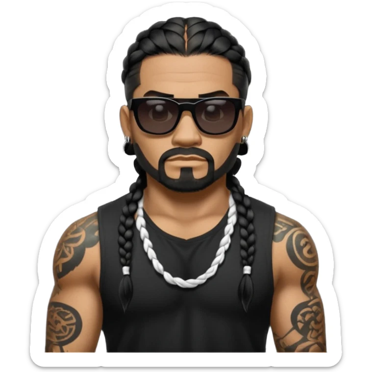 Samoan male. Facial hair on chin only.
No mustache hair, just chin.
Untucked loose fitting black t-shirt. 
long black braided hair.
very muscular.
Even More tattoos. 
Tough and menacing.
Dark black square sunglasses. sticker