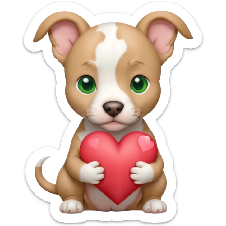 White and tan pitbull puppy with green eyes and cropped ears holding a heart sticker