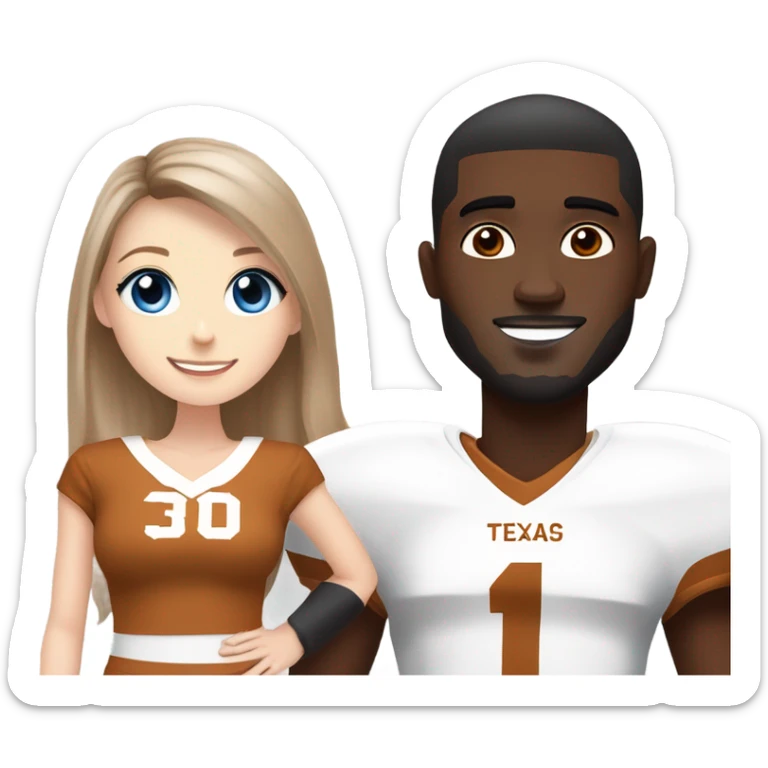 Beautiful girl, pale skin, blue eyes, long straight beautiful light brown hair, wearing Texas Longhorn football cheerleading uniform, standing next to one handsome black man with short black hair wearing Texas longhorn football jersey sticker