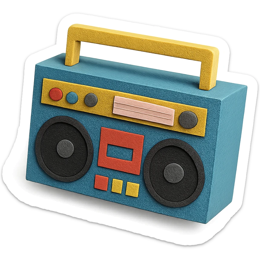 angled view of a paper-craft style boombox with extra details like buttons and speakers sticker