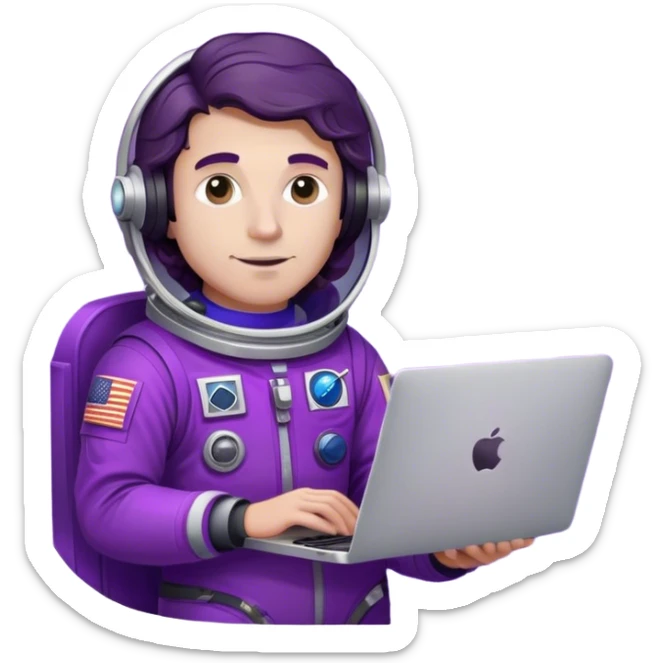 white guy astronaut with purple suit, long ombre black/brown wavy hair and one macbook sticker