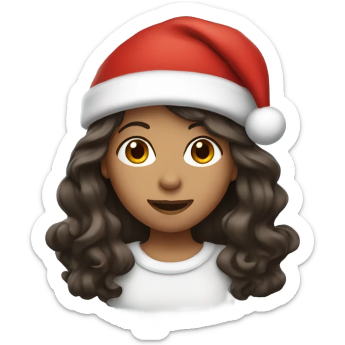 Girl with long wavy dark brown hair wearing a Santa hat sticker