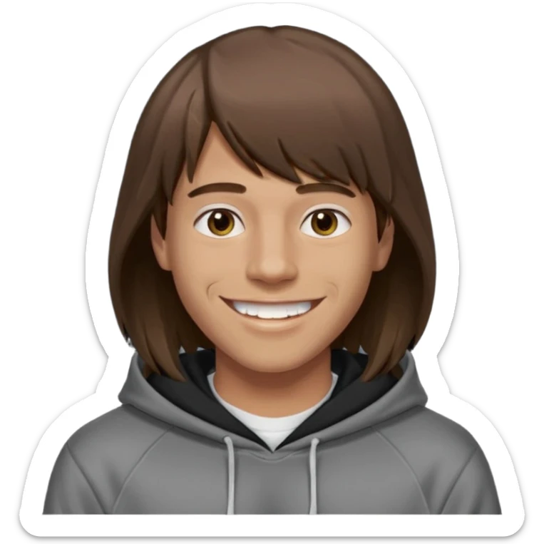 20 yr old man, brown hair, straight, big smile, white teeth, tanned skin, bangs, black hooded sweatshirt, long hair in back, middle parted bangs sticker