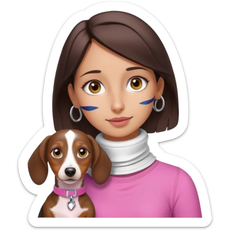 a brunette girl, olive skin, hazel eyes, pink top, neck brace on her neck because she’s injured , piebald dachshund next to her only brown and white sticker