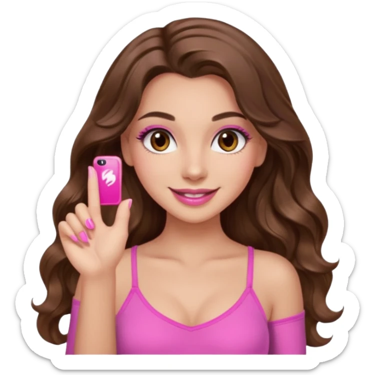 girl with long wavy brown hair, brown eyes, long lashes, sexy pink lips, light to medium complexion, wearing a pink sexy top, smiling, finger tips touching sticker