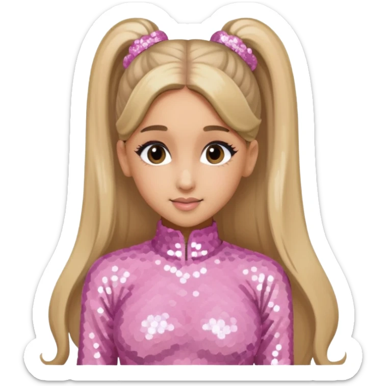 Ariana Grande with long dark blonde ponytail hair, light pink sequin outfit sticker
